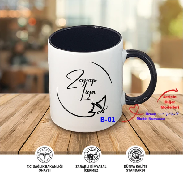 Kişiye Özel İsim Tasarımlı Siyah Kupa Bardak, Siyah Kupa B Serisi