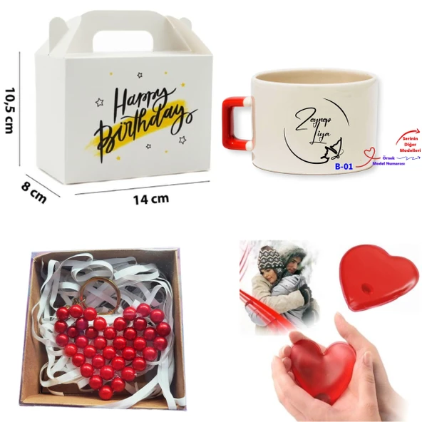 Kişiye Özel İsim Yazılı Kalpli Jel ve Makrome Anahtarlık ve Lüks Kupa Seti B Serisi ürün görseli