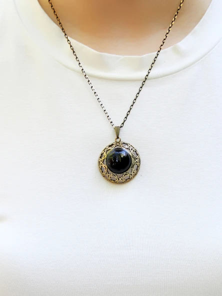 Doğal Taş Oniks Doğal Taşlı Kadın Antik Yuvarlak Doğal Taşlı Kolye euk37o - Resim 3