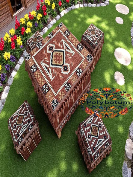 TÜRKMEN Şark Köşesi El Yapımı Otantik Yüzde 100 Ahşap Masa Tabure Takımı Doğal ve Şık - 4