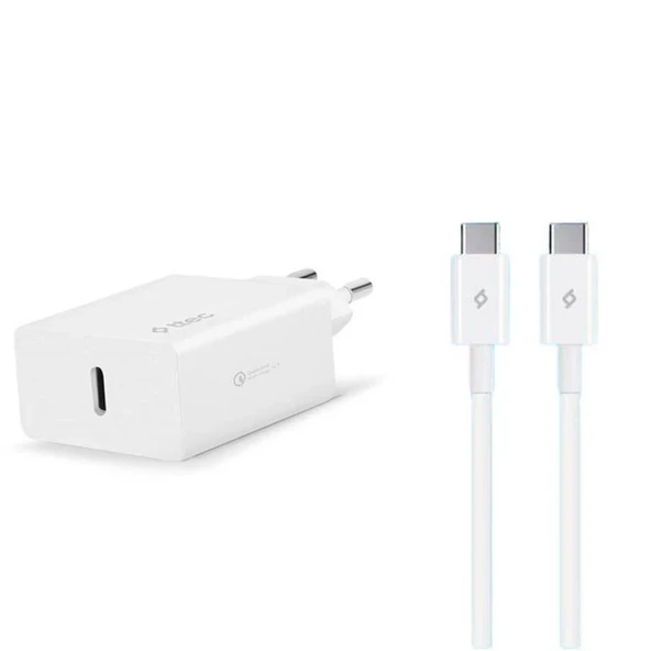 Ttec 20W PD Type C Girişli Şarj Adaptörü ve 1.2 Metre 65W Type C Şarj Kablosu, Akım ve Isı Korumalı