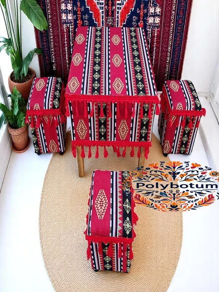 SELÇUKLU Şark Köşesi El Yapımı Otantik Yüzde100 Ahşap Masa Tabure Takımı Doğal ve Şık - 7