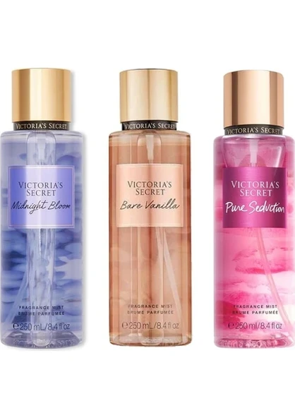 Victoria' Secret Midnight Bloom-Bare Vanilla-Pure Seduction Vücut Spreyi Üçlü Set