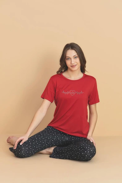 Pijamerry Kadın Bisiklet Yaka MİLAN Kumaş Likralı Kısa Kollu Pijama Takımı 5936 - 1 Adet  L Kırmızı