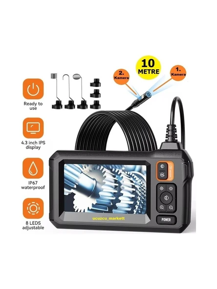 Yılan  Kamera 10 Metre 4.3 inç Çift Kamera Ekranlı (Ayarlanabilir Parlak 8 Led)