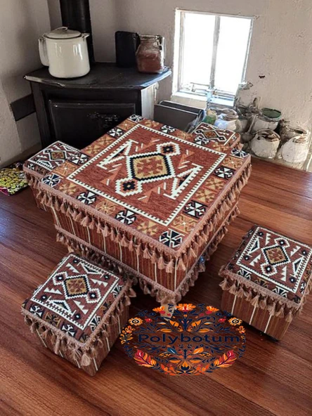 TÜRKMEN Şark Köşesi El Yapımı Otantik Yüzde 100 Ahşap Masa Tabure Takımı Doğal ve Şık - 3