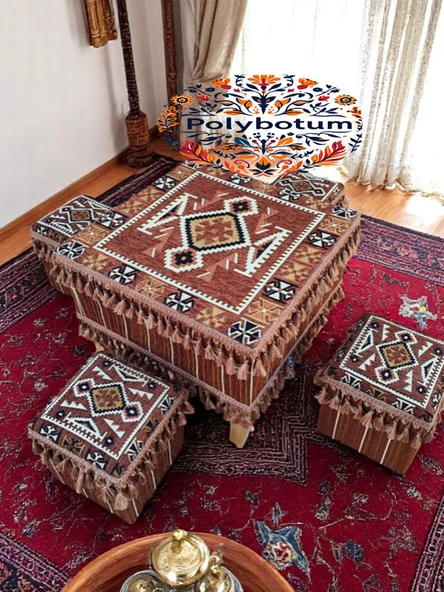 TÜRKMEN Şark Köşesi El Yapımı Otantik Yüzde 100 Ahşap Masa Tabure Takımı Doğal ve Şık - 6