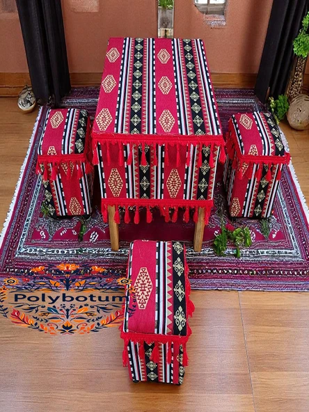 SELÇUKLU Şark Köşesi El Yapımı Otantik Yüzde100 Ahşap Masa Tabure Takımı Doğal ve Şık - 8