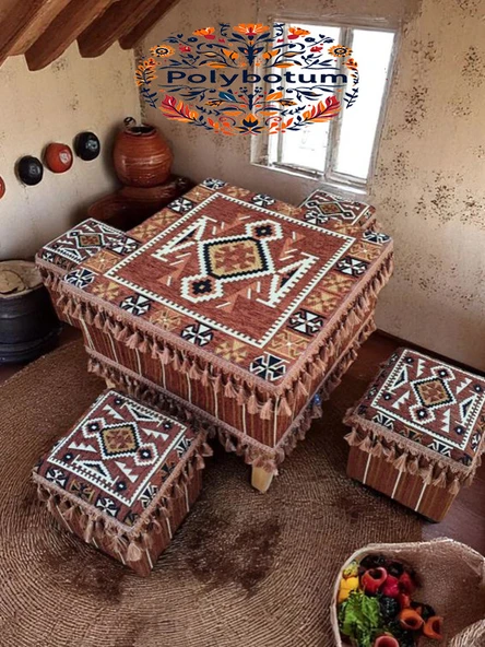 TÜRKMEN Şark Köşesi El Yapımı Otantik Yüzde 100 Ahşap Masa Tabure Takımı Doğal ve Şık - 2