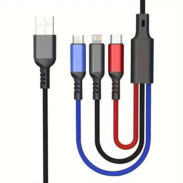 3 in1 Lightning-Micro-Type-C 100W Hızlı Çoklu Şarj Kablosu 3A 1.2m Siyah
