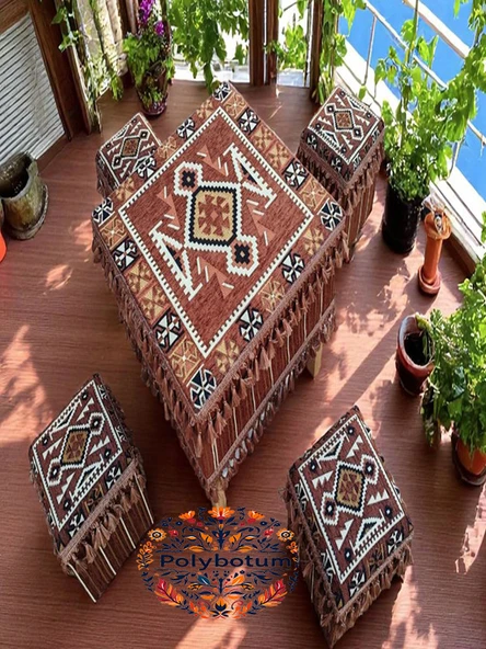 TÜRKMEN Şark Köşesi El Yapımı Otantik Yüzde 100 Ahşap Masa Tabure Takımı Doğal ve Şık - 5