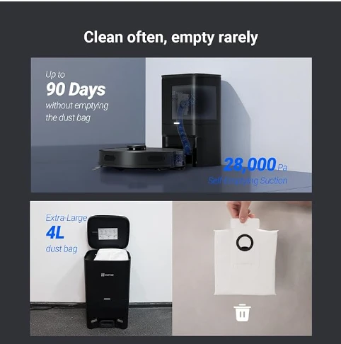 EZVIZ RE4 Plus Black Akıllı ve Paspaslı Robot Süpürge  Otomatik Çöp Boşaltma ve Şarj, Halı Algılama - 3