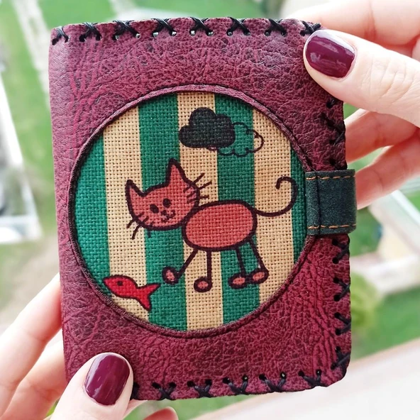 El Yapımı Kadın Cüzdan Vegan Deri Kedi Görselli Bordo Renk