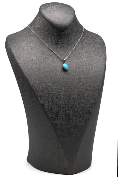 Orijinal Turkuaz Doğal Taş 925 Ayar Gümüş Kolye - 2