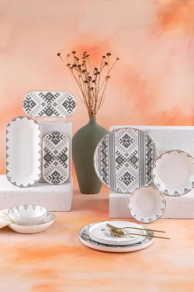 Acar Ethnic 6 Kişilik 27 Parça Gri Motif Desenli Gold Yaldız Yemek Takımı