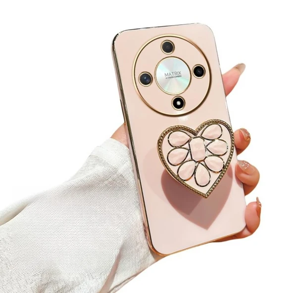 Honor X9B Silikon Kaplama Kalp Desenli Taşlı Standlı Telefon Kılıfı - Nude Pembe