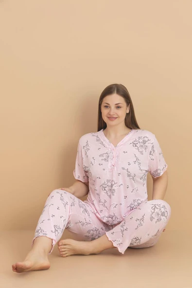 Pijamerry Kadın Büyük Beden Dantel Yaka Bambu Kısa Kol İnce Pijama Takımı 5989 - 1 Adet  4XL Pembe