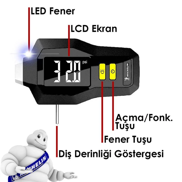 Michelin MC12293 99PSI Dijital Lastik Basınç ve Derinlik Ölçer - 10