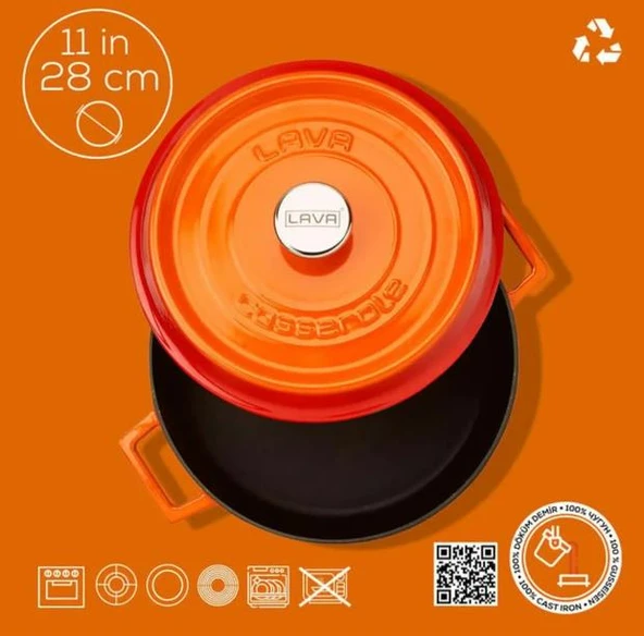 Lava Trendy 28 cm Demir Döküm Yayvan Tencere Turuncu - 2