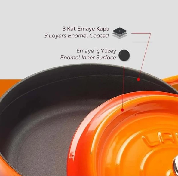 Lava Trendy 28 cm Demir Döküm Yayvan Tencere Turuncu - 3