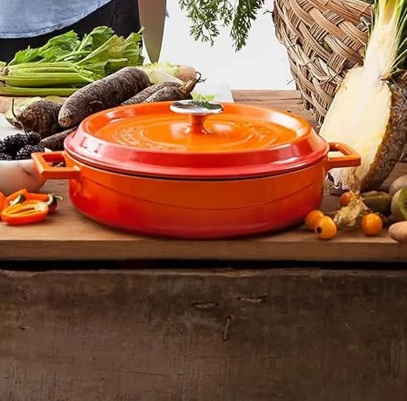 Lava Trendy 28 cm Demir Döküm Yayvan Tencere Turuncu - 4