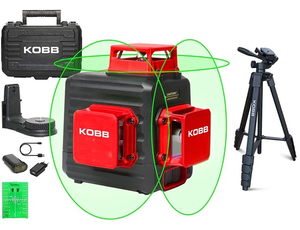 KOBB KBL34GTP 40 Metre Profesyonel Li-ion Şarjlı 3X360⁰ Otomatik Hizalamalı Yeşil Çapraz Çizgi Lazer Distomat + Tripod ürün görseli