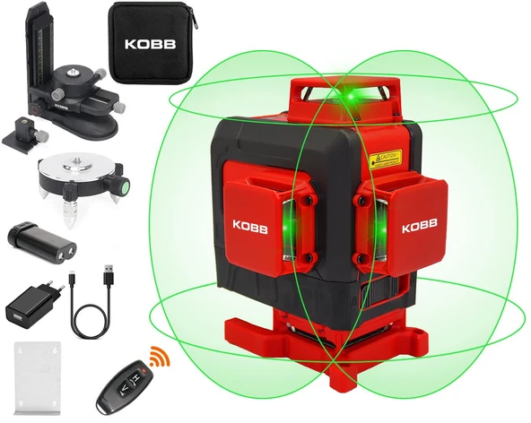 KOBB KBL35G Profesyonel Li-ion Şarjlı 4X360⁰ Otomatik Hizalamalı Yeşil Çapraz Çizgi Lazer Distomat + Uzaktan Kumanda ürün görseli
