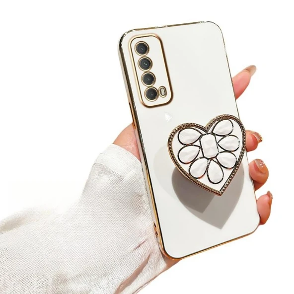 Huawei Y7A Silikon Kılıf - Elektro Kaplama Kalp Desenli Standlı - Beyaz