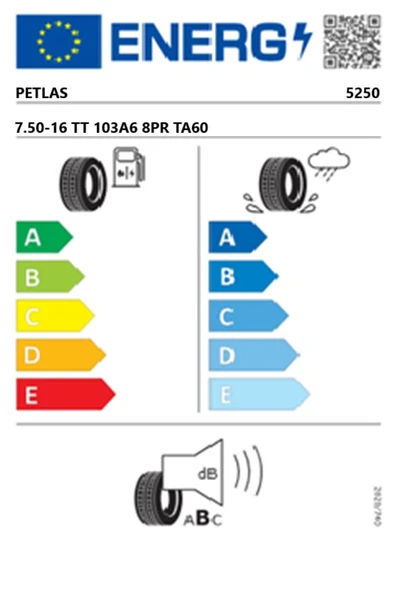 Petlas 7.50-16 TT 103A6 8PR TA60 Traktör Ön Lastiği (Üretim Tarihi:2025) - 2