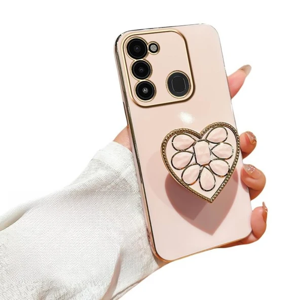 Tecno Spark Go 2022 Elektro Kaplama Kalp Desenli Silikon Kılıf - Pudra Pembe