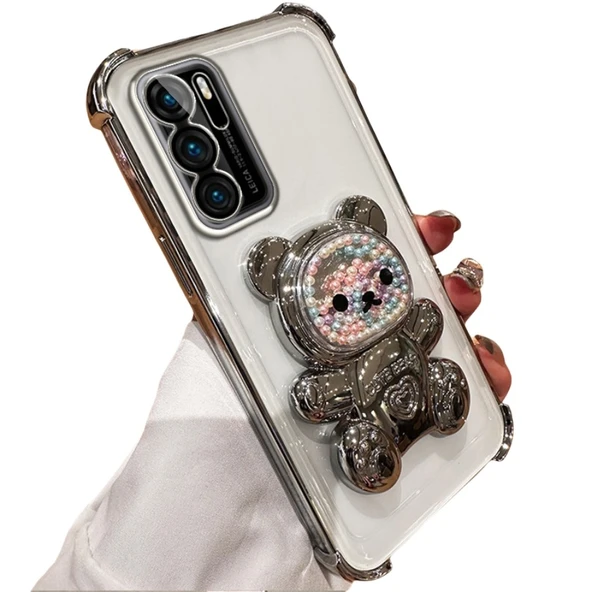 Huawei P40 Ayıcık Standlı Silikon Kılıf - Beyaz
