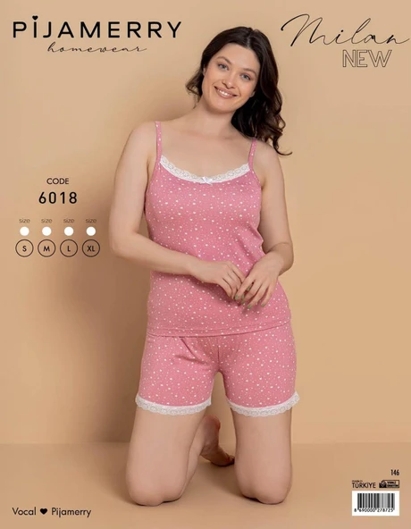 Pijamerry Kadın İp Askılı MİLAN Kumaş Likralı Şortlu Pijama Takımı 6018 - 1 Adet  M Pembe - Resim 2
