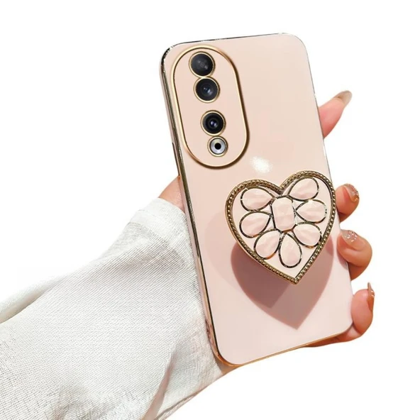 Honor 90 Elektro Kaplama Silikon Kalp Desenli Taşlı Standlı Telefon Kılıfı - Açık Pembe