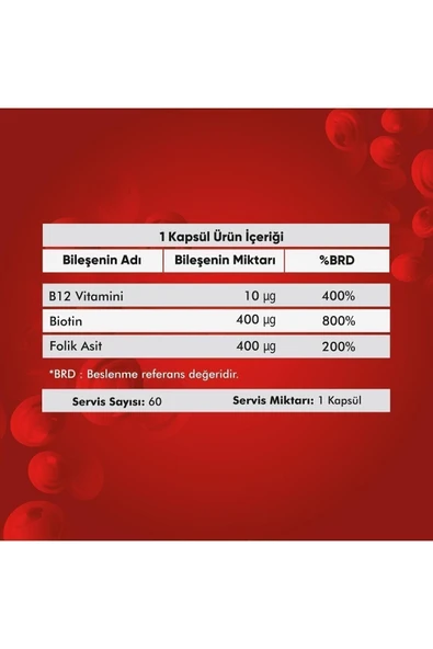 B12 VİTAMİNİ - BİOTİN&FOLİK ASİT CİLT, SAÇ, TIRNAK VE BEYİN SAĞLIĞI DESTEKLEYİCİ 60 BİTKİSEL KAPSÜL. - 4