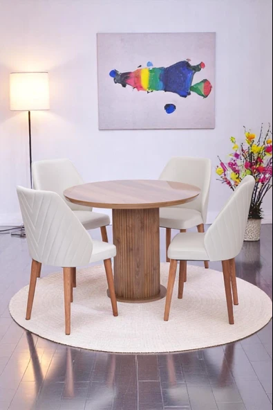 Bohem Ihlamur Yuvarlak Lak Panel Mutfak Masa Takımı 100cm - Resim 5