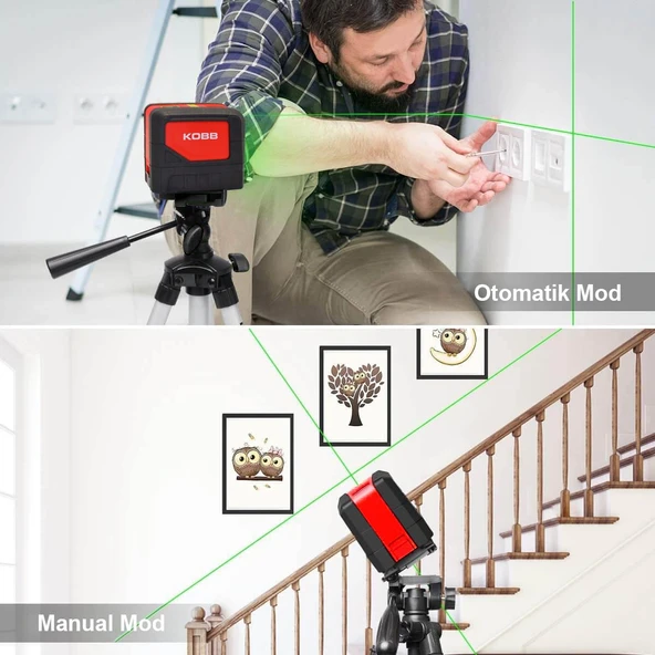 KOBB KBL92G 30 Metre Profesyonel Yatay ve Dikey Otomatik Hizalamalı Yeşil Çapraz Çizgi Lazer, 2 Noktalı Şakül Lazer Distomat + Mini Tripod - 8