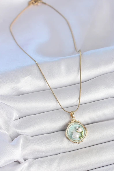 Gold Renk Zincir Turkuaz Mineli İncili Çiçek İşlemeli Portre Model Kadın Kolye - EBJ250519W33935 - Resim 2