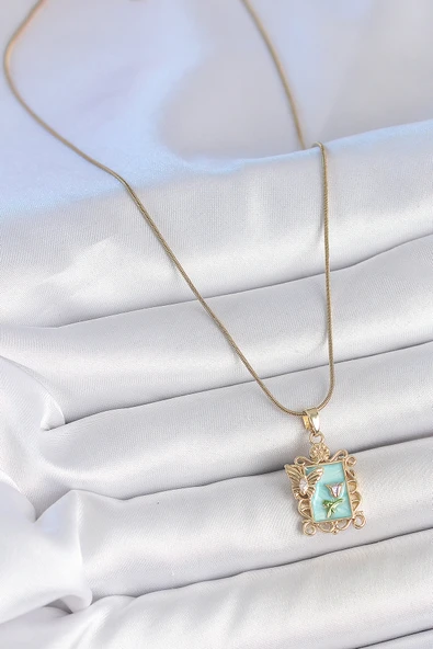 Gold Renk Zincir Mavi Mineli Çiçek İşlemeli Zirkon Taşlı Kelebek Detay Portre Model Kadın Kolye - EBJ250519W33974 - Resim 2