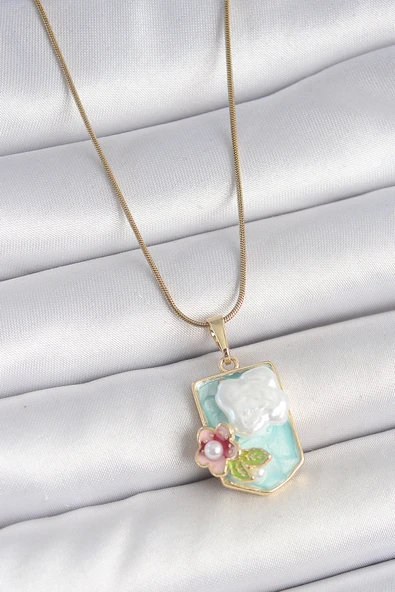 Gold Renk Zincir Mavi Mineli İncili Çiçek İşlemeli Portre Model Kadın Kolye - EBJ250519W33972 ürün görseli