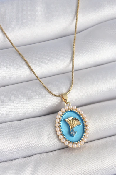 Gold Renk Zincir Mavi Mineli İncili Zirkon Taşlı Çiçek İşlemeli Portre Model Kadın Kolye - EBJ250519W33981 ürün görseli