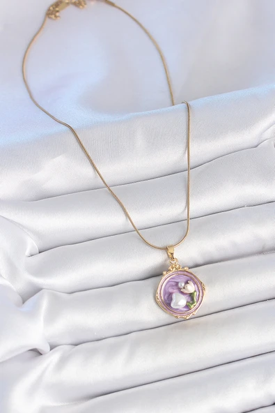 Gold Renk Zincir Mor Mineli İncili Çiçek İşlemeli Portre Model Kadın Kolye - EBJ250519W33934 - Resim 2