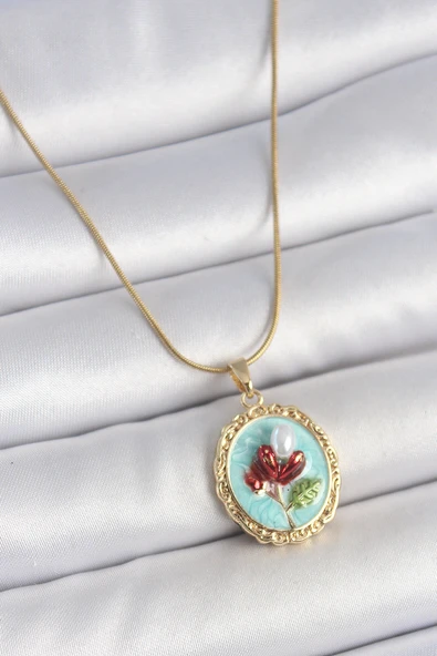 Gold Renk Zincir Turkuaz Mineli İncili Çiçek İşlemeli Portre Model Kadın Kolye - EBJ250519W33942 ürün görseli