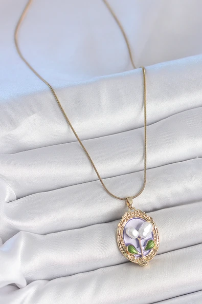 Gold Renk Mor İncili Çiçek İşlemeli Portre Model Kadın Kolye - EBJ250519W33931 - Resim 2