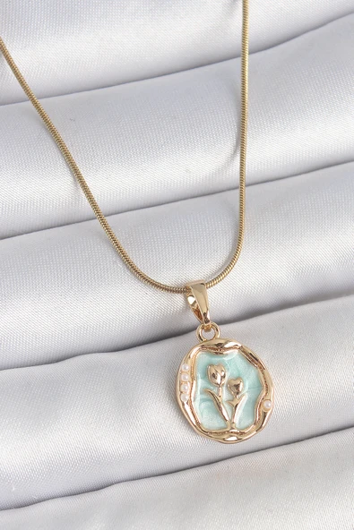 Gold Renk Zincir Turkuaz Mineli Çiçek İşlemeli Portre Model Kadın Kolye - EBJ250519W33951 ürün görseli