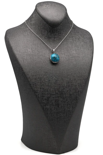 Orijinal Turkuaz Doğal Taş 925 Ayar Gümüş Kolye - Resim 2