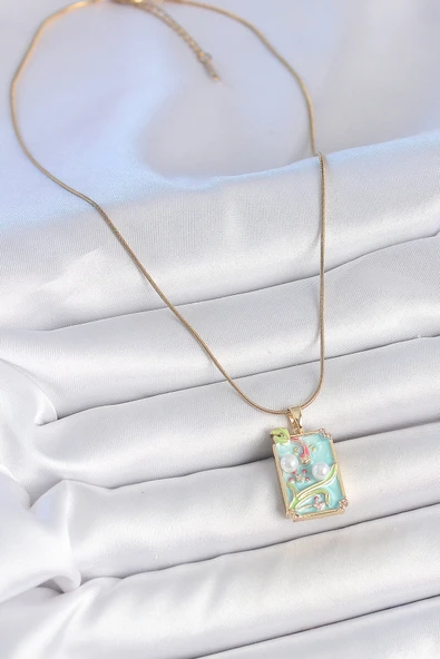 Gold Renk Zincir Mavi Mineli İncili Çiçek İşlemeli Portre Model Kadın Kolye - EBJ250519W33976 - Resim 2