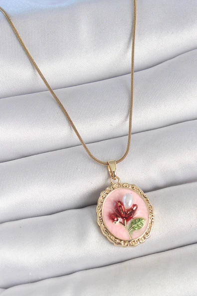 Gold Renk Zincir Pembe Mineli İncili Çiçek İşlemeli Portre Model Kadın Kolye - EBJ250519W33940 ürün görseli