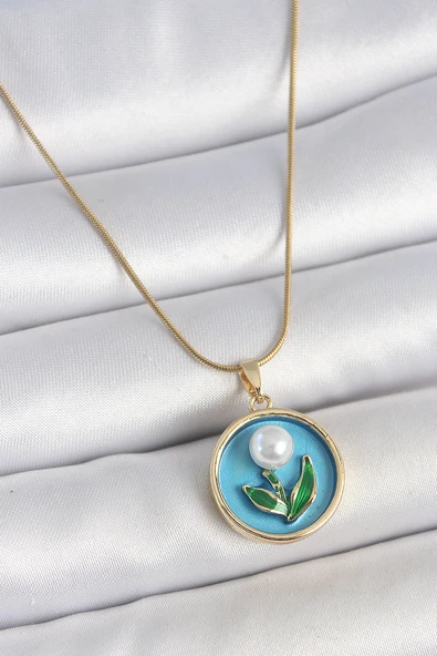 Gold Renk Zincir Mavi Mineli İncili Çiçek İşlemeli Portre Model Kadın Kolye - EBJ250519W33953 ürün görseli