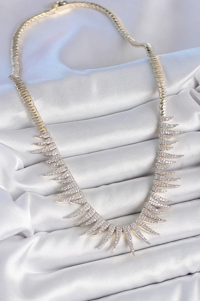 Pirinç Gold Renk Zirkon Taşlı Sivri Model VIP Seri Kadın Kolye - EBJ250519W33987 - Resim 2