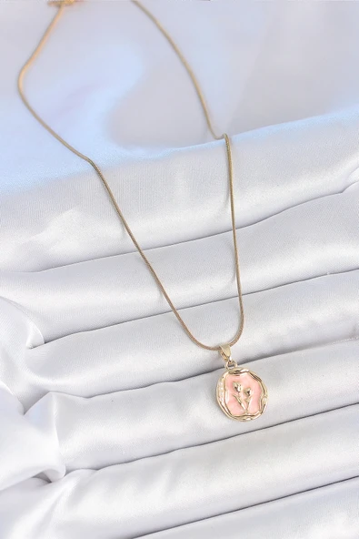 Gold Renk Zincir Pembe Mineli Çiçek İşlemeli Portre Model Kadın Kolye - EBJ250519W33950 - Resim 2